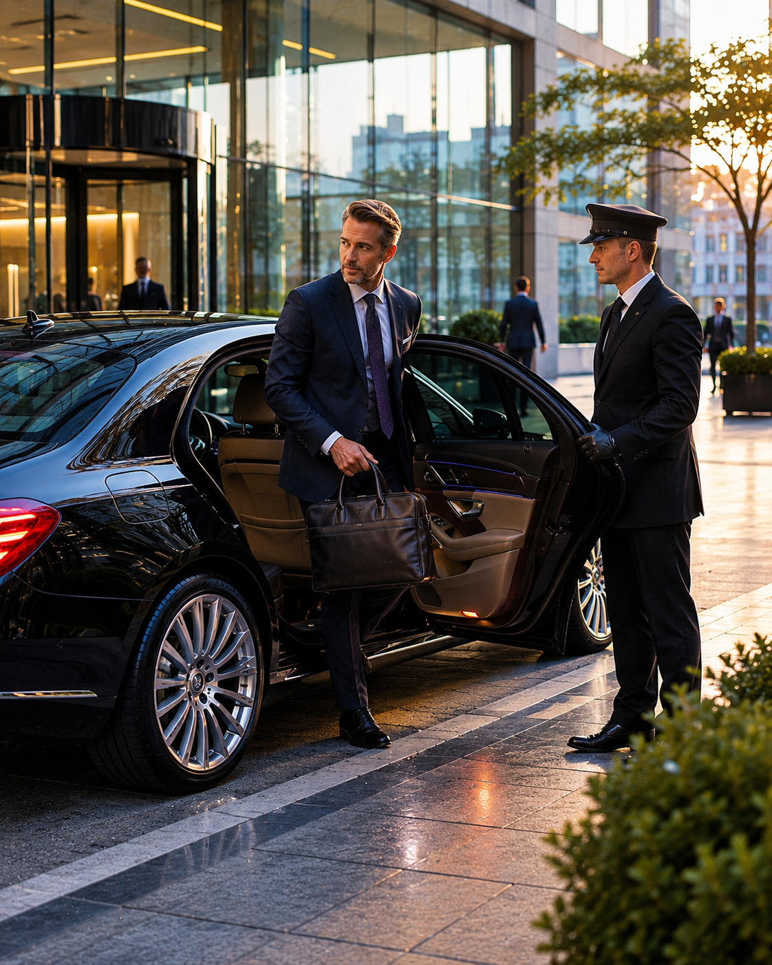 Business executive arriving with Closer chauffeur at a corporate building in Vienna