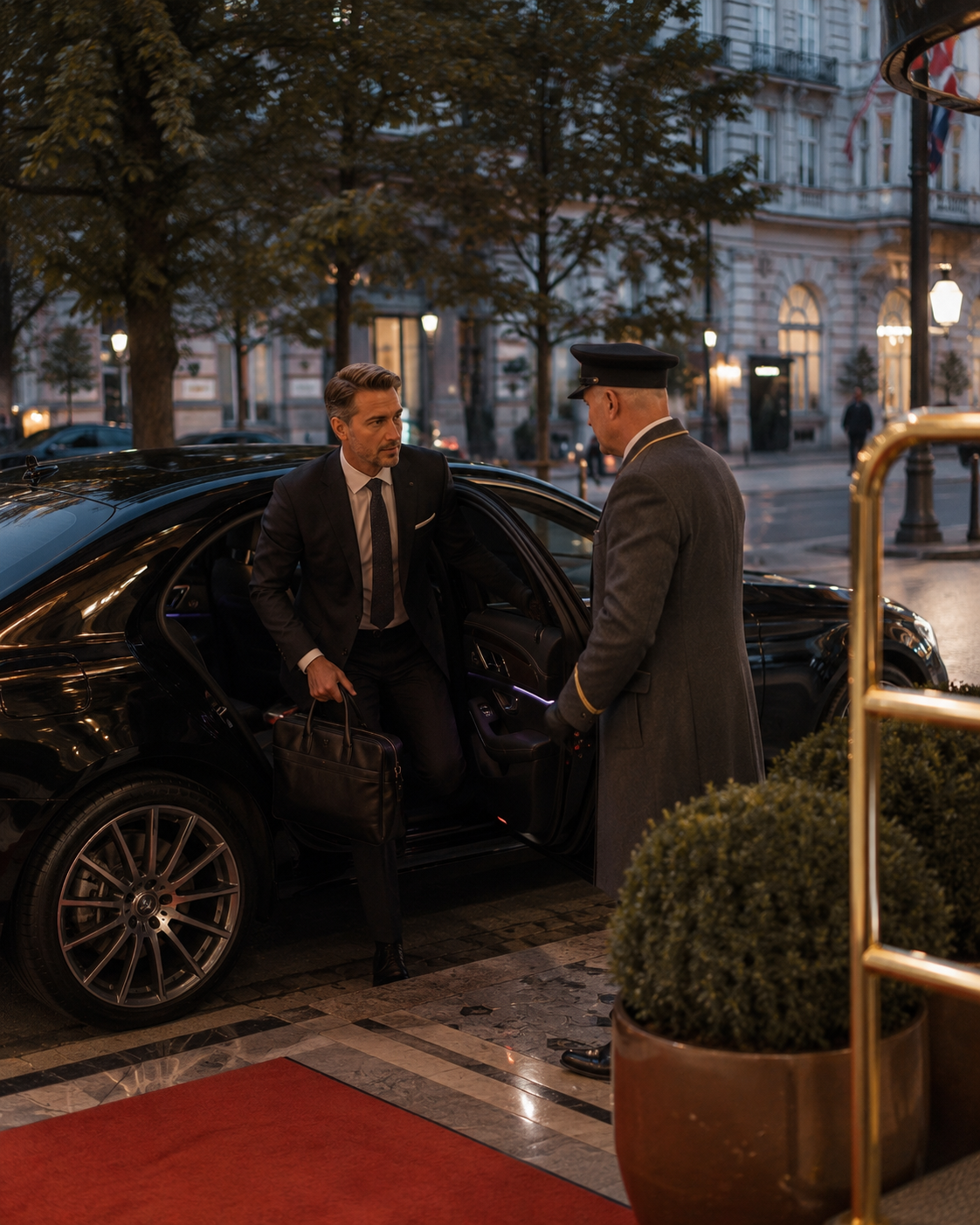 Luxury hotel guest welcomed by chauffeur and doorman in Vienna