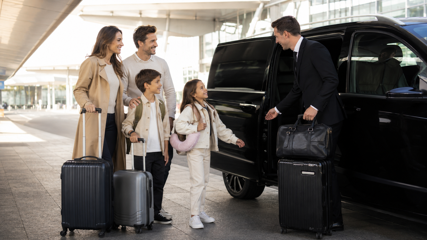 Family greeted by a chauffeur at the airport with a Mercedes van